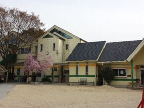 Two-story beige school building with green trim and a dark roof, next to a sandy playground and a pink blossoms tree in front.