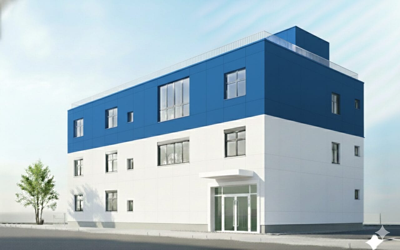 Modern three-story building with a white lower half and blue upper façade, glass entry doors at the front.