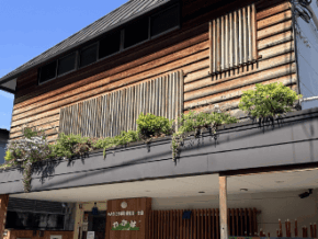 Two-story wooden storefront with a raised planter box and green shrubs, under a clear blue sky.