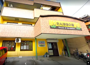 Three-story building with yellow trim and a sign reading 'House of dandelion', entrance under green columns with bicycles parked outside.